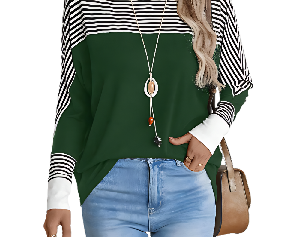 Womens Striped Long Sleeve Crewneck Batwing Top (Green)