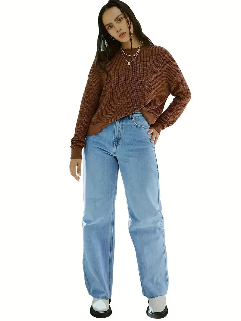 Light Blue High Waist Wide Leg Jeans Slash Pockets